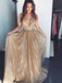 Backless Sequins Prom Dress, Sparkly A-Line V-neck Long Evening Dress