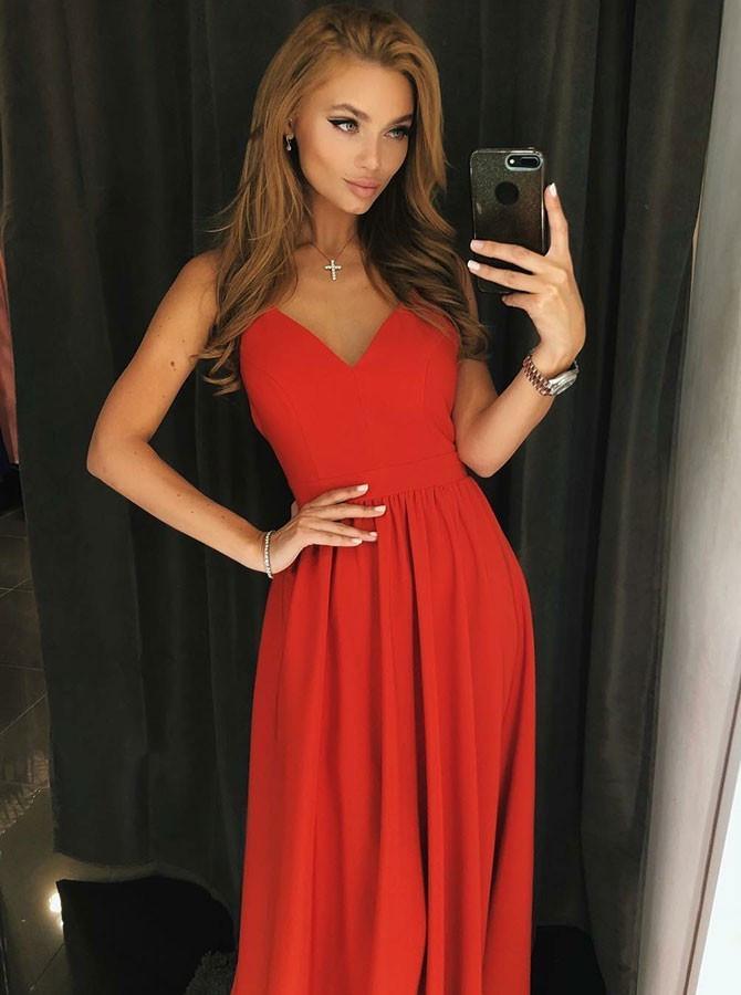 A-Line Spaghetti Straps Backless Red Long Prom Dress