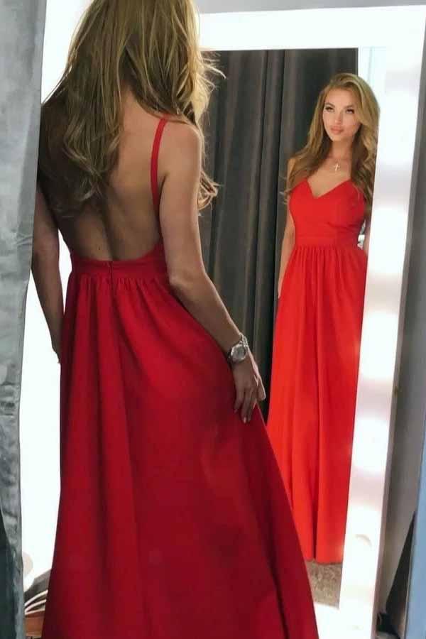 A-Line Spaghetti Straps Backless Red Long Prom Dress