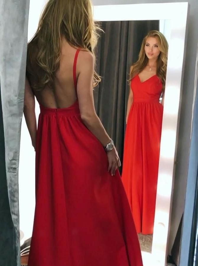 a-line spaghetti straps backless red long prom dress dtp660