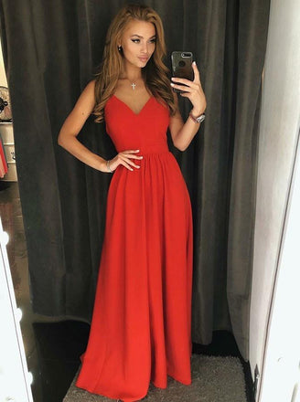 A-Line Spaghetti Straps Backless Red Long Prom Dress