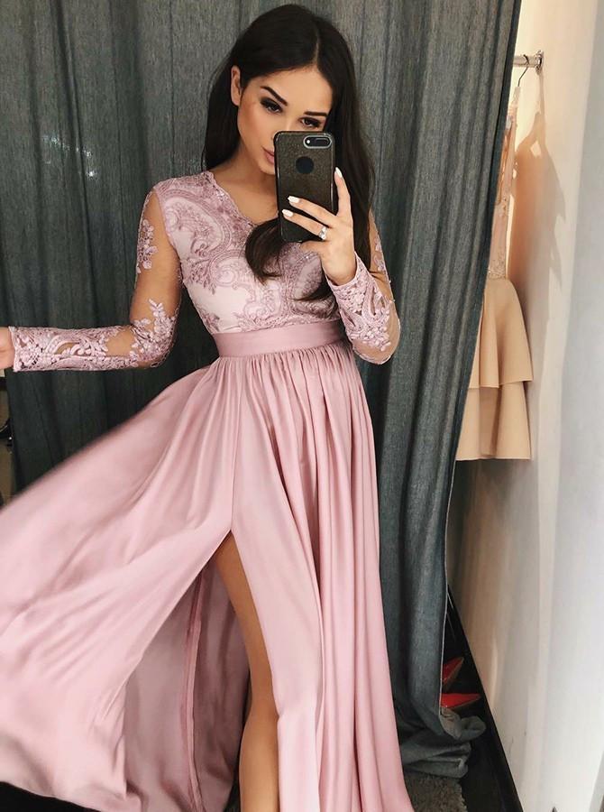 A-line V-Neck Long Sleeves Pink Appliques Prom Dress with Slit
