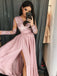 A-line V-Neck Long Sleeves Pink Appliques Prom Dress with Slit