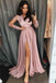 A-line V-Neck Long Sleeves Pink Appliques Prom Dress with Slit