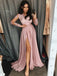 a-line v-neck long sleeves pink appliques prom dress with slit dtp659