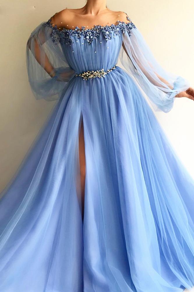 blue puff long sleeves prom dress beading applique split evening dress dtp424