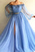 blue puff long sleeves prom dress beading applique split evening dress dtp424