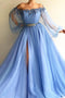 Blue Puff Long Sleeves Prom Dress Beading Applique Split Evening Dress