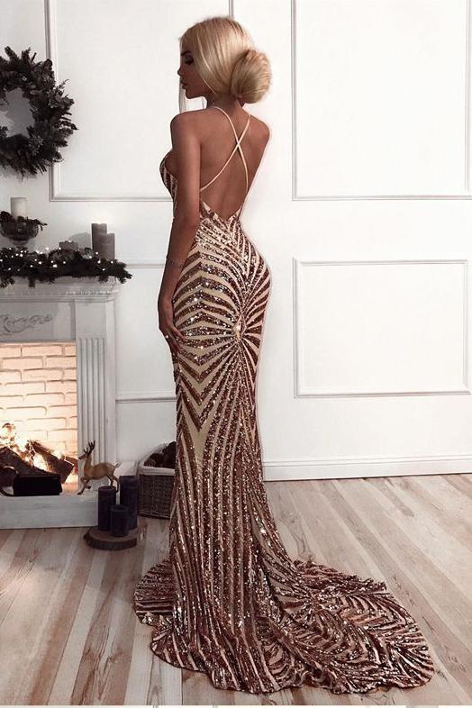 glitter backless mermaid sequins sleeveless long prom dress dtp343