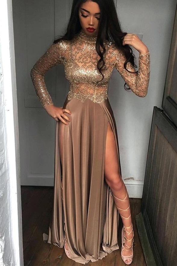 Sheer Sequins Long Sleeves Prom Dress Sexy High Slits Party Dress