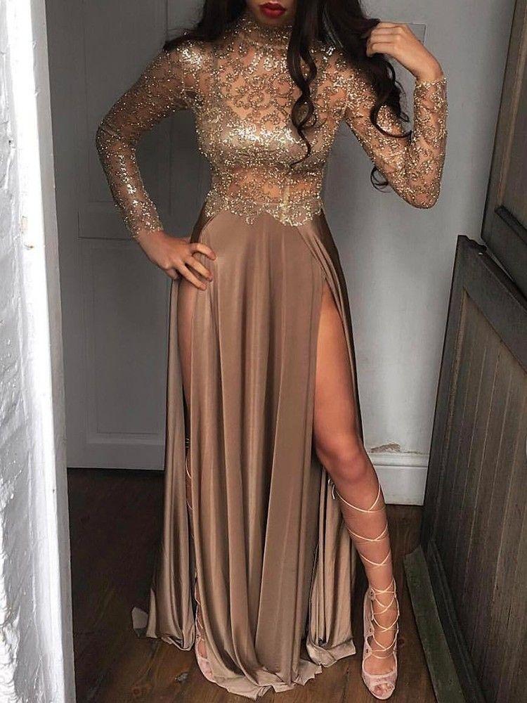 sheer sequins long sleeves prom dress sexy high slits party dress dtp439