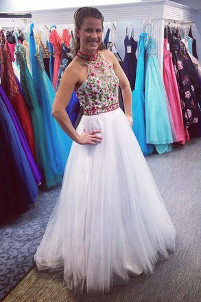 White Long Prom Dress High Neck Open Back With Floral Applique