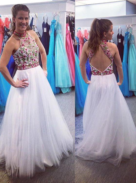 white long prom dress high neck open back with floral applique dtp472