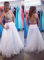 White Long Prom Dress High Neck Open Back With Floral Applique
