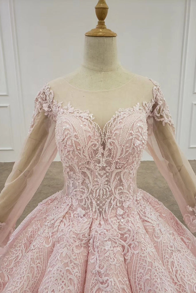 Sheer Neck Ball Gown Long Sleeves Blushing Pink Wedding Dress
