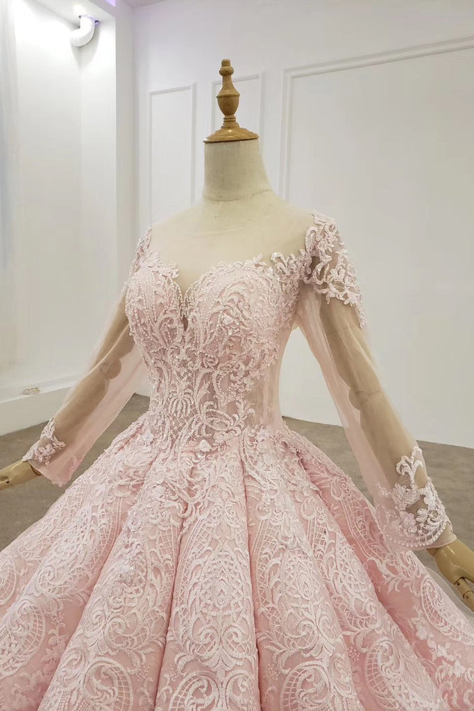 Sheer Neck Ball Gown Long Sleeves Blushing Pink Wedding Dress