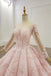 Sheer Neck Ball Gown Long Sleeves Blushing Pink Wedding Dress