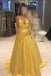 spaghetti-straps v-neck yellow satin prom dress with beaded pockets dtp683