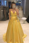 Spaghetti-straps V-neck Yellow Satin Prom Dress with Beaded Pockets