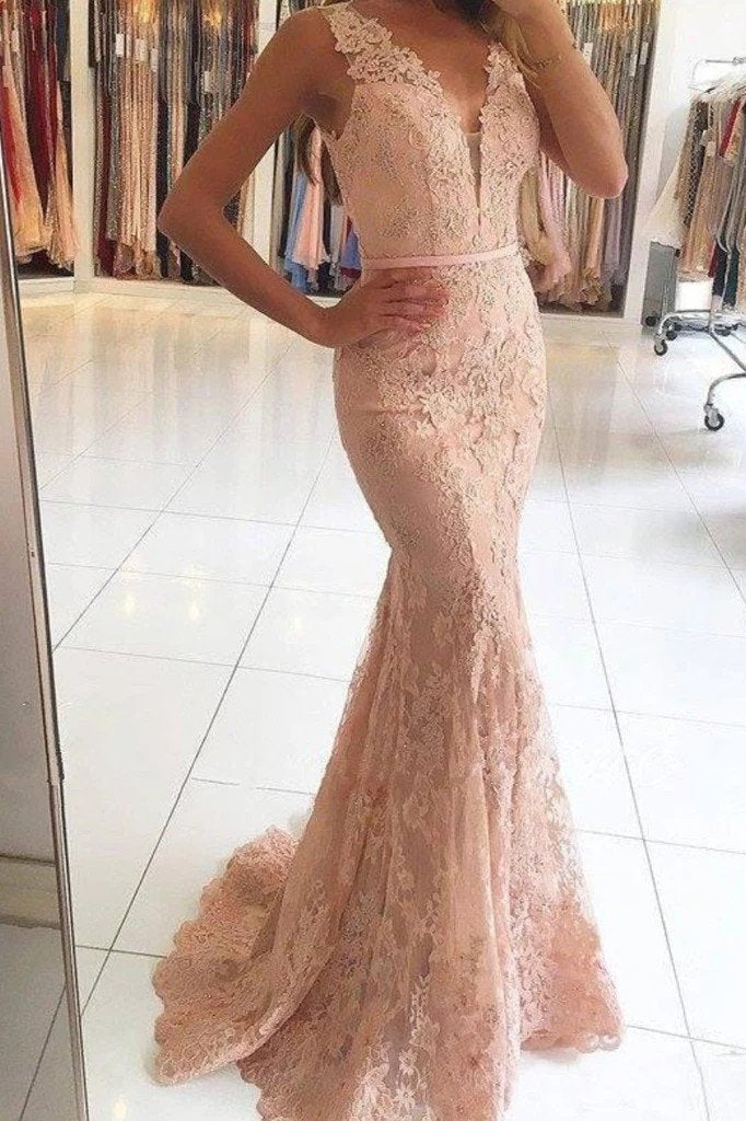 charm yarn back prom dresses lace appliques mermaid evening dresses dtp1064