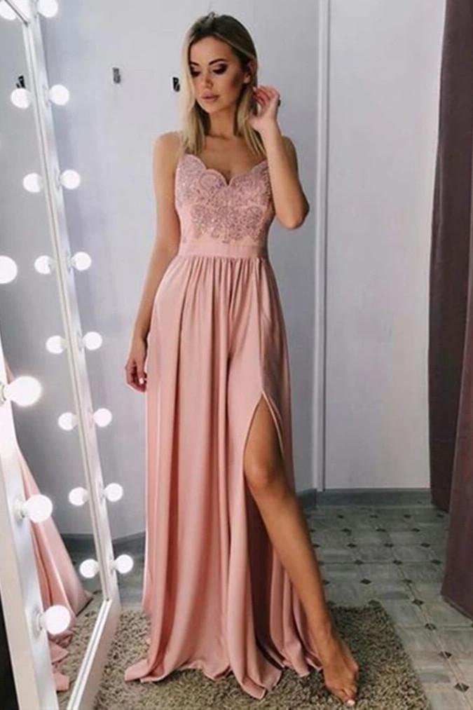 spaghetti-straps blush long prom evening dress with side slit dtp698