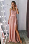 Spaghetti-straps Blush Long Prom Evening Dress With Side Slit