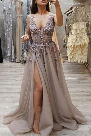 sexy slit tulle evening gown v-neck appliques beading long prom dress dtp692