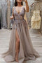 V-neck Appliques Beading Long Prom Dress, Sexy Slit Tulle Evening Gown