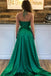 Halter V-neck Green Long Prom Dress, Simple Evening Gown With Pockets