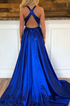 Simple V-Neck Royal Blue Long Prom Dress Criss-Cross Back With Slit