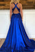 Simple V-Neck Royal Blue Long Prom Dress Criss-Cross Back With Slit