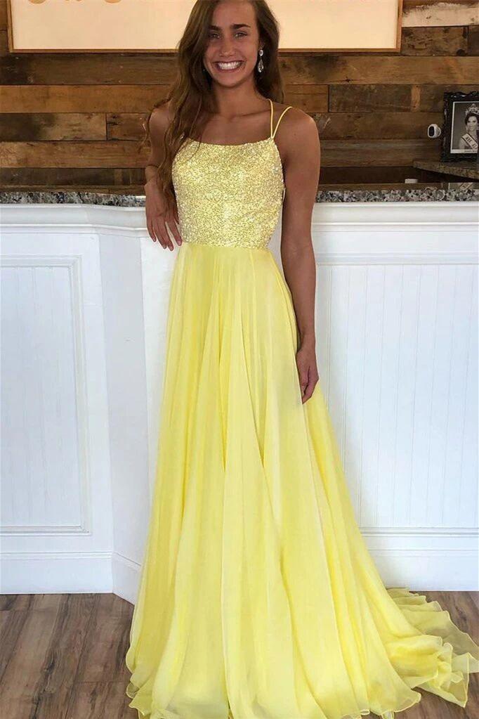 sexy backless long evening gown yellow long prom dress with beaded dtp590