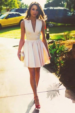 a-line plunging neck satin short prom gowns pleated party dress dtp264