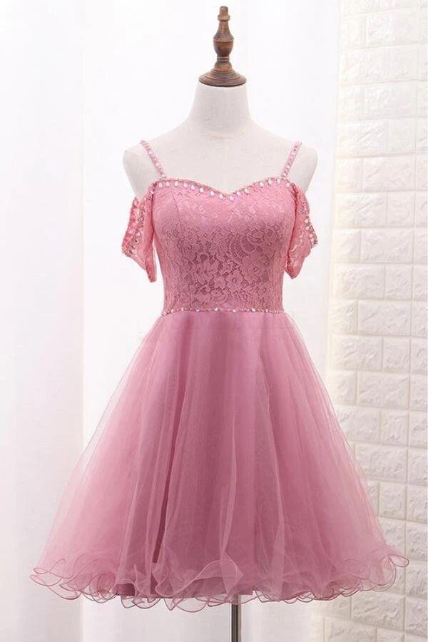 cute sweet 16 dress tulle spaghetti straps homecoming dress dth165