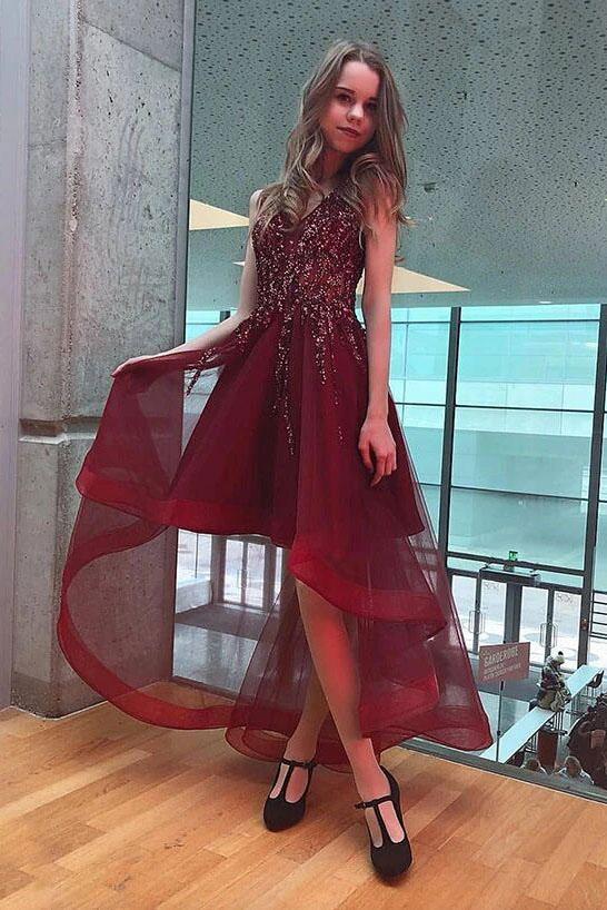 Burgundy high best sale low prom dresses