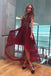 v-neck high low asymmetry burgundy prom dress with beading dtp536