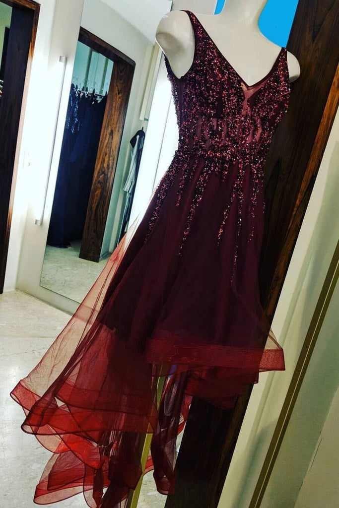 V-neck High Low Asymmetry Burgundy Prom Dress with Beading
