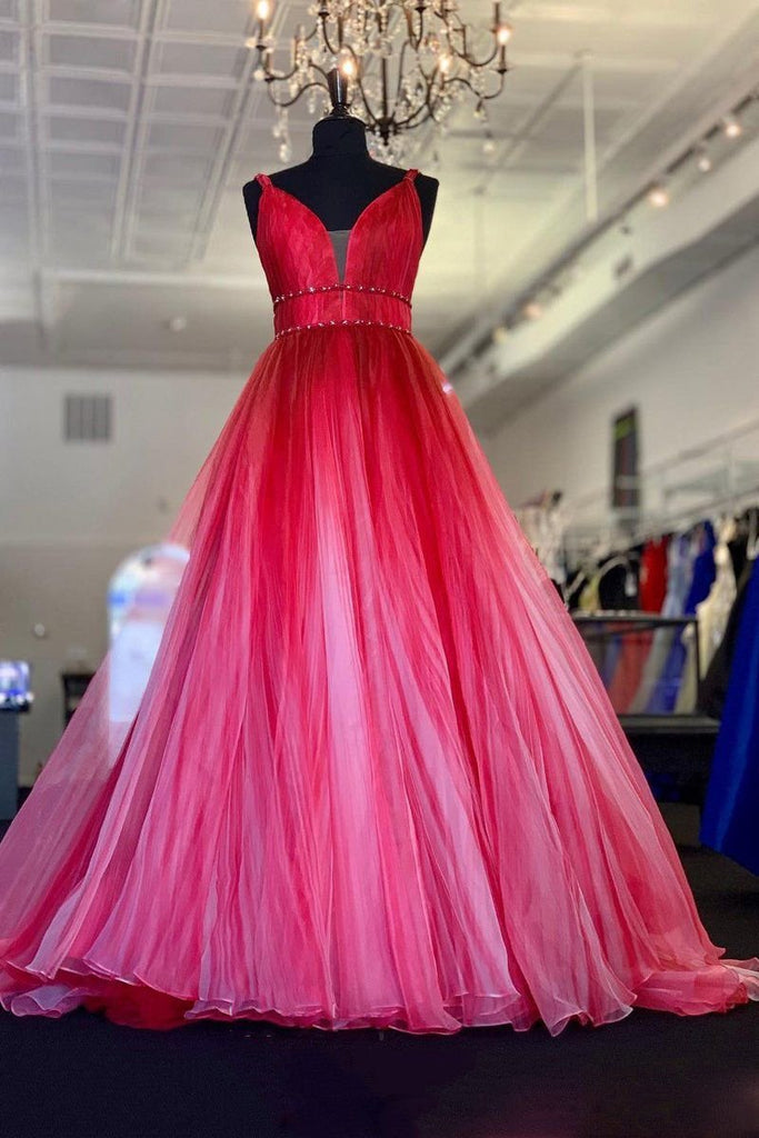 A-line V-neck Red Ombre Prom Dress, Ombre Beading Long Formal Dress