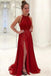 delicate halter chiffon red prom dress appliques formal gown with split dtp551