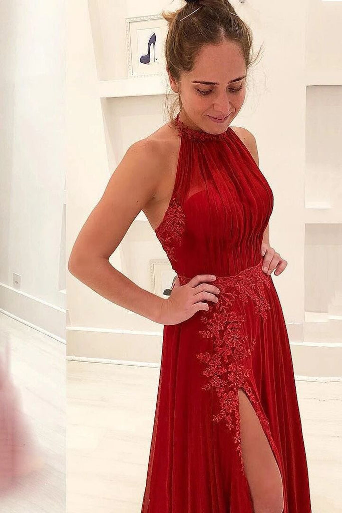 Delicate Halter Chiffon Red Prom Dress Appliques Formal Gown With Split