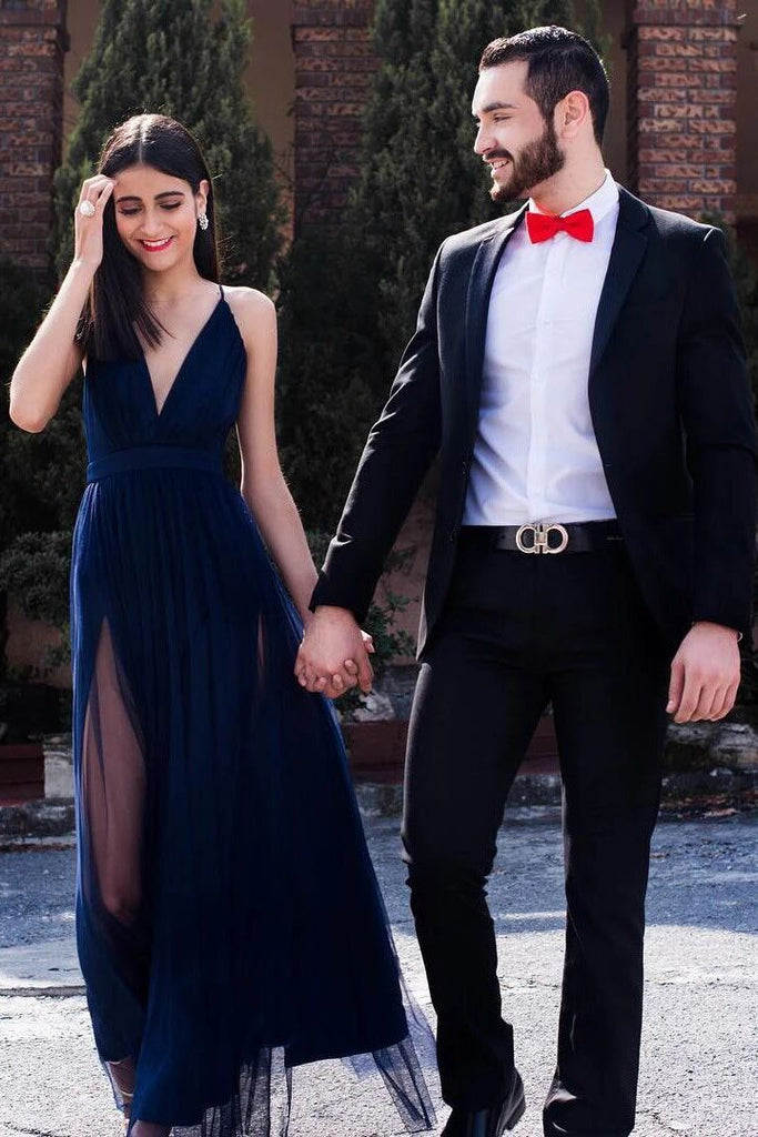 spaghetti-straps dark blue tulle long prom dress deep v-neck with split dtp533