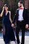 Spaghetti-straps Dark Blue Tulle Long Prom Dress Deep V-neck With Split