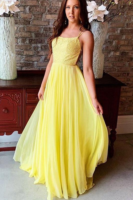 sexy backless evening dress flowy yellow chiffon long prom dress dtp532