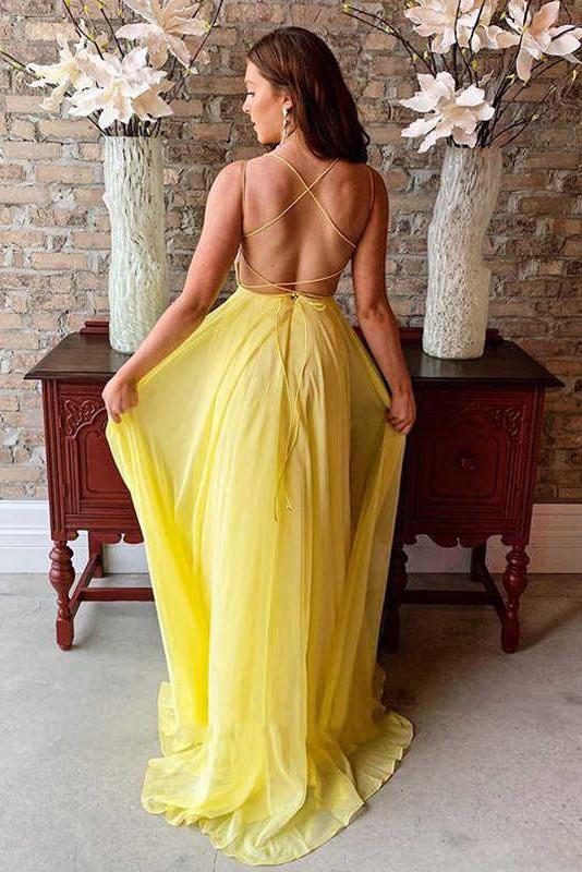 Flowy Yellow Chiffon Long Prom Dress, Sexy Backless Evening Dress