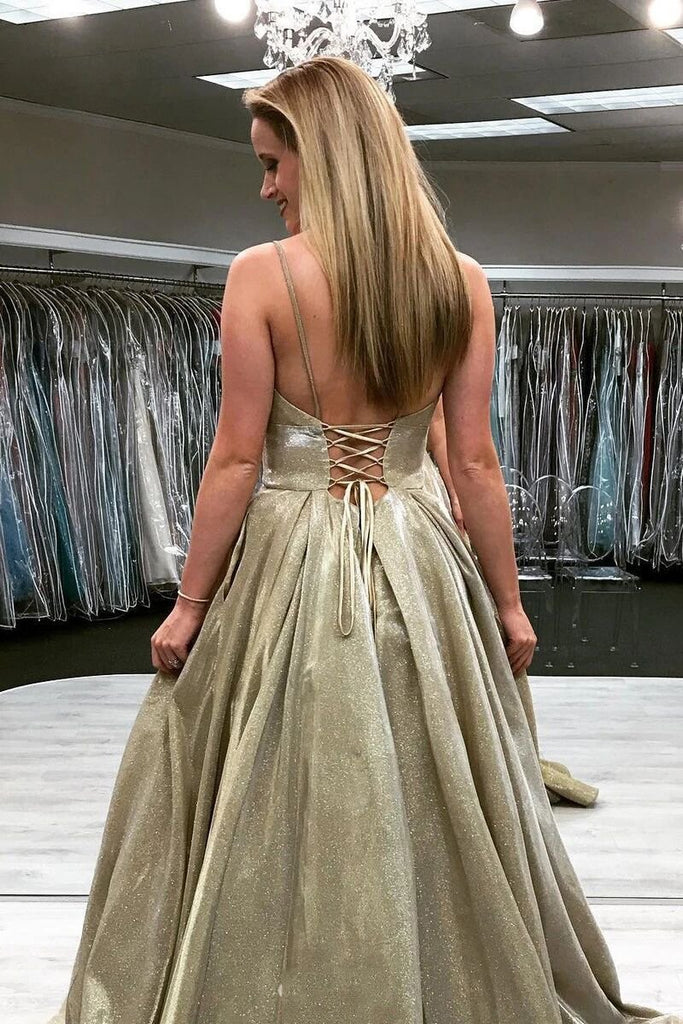 Sparkly Spaghetti-straps V-neck Satin Lace Up Prom Pageant Dresses