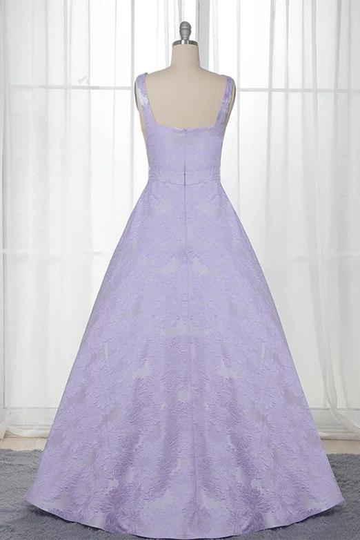 A-Line Bateau Sleeveless Lilac Floral Satin Prom Graduation Dress