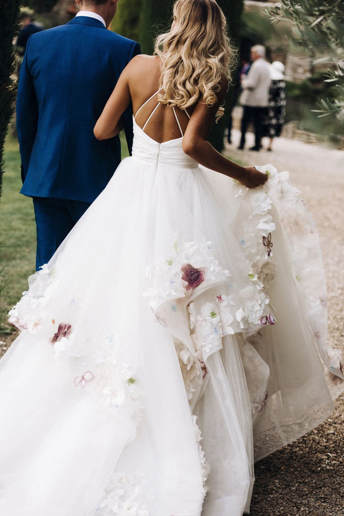 princess floral appliques bridal gown backless wedding dress dtw237