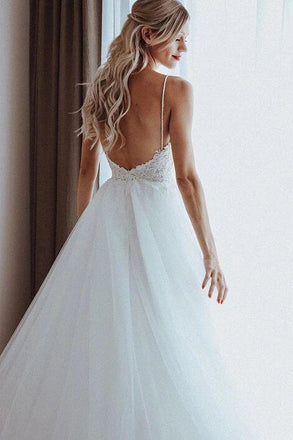 Tulle A Line Beach Bridal Gown, Spaghetti Straps Backless Wedding Dress