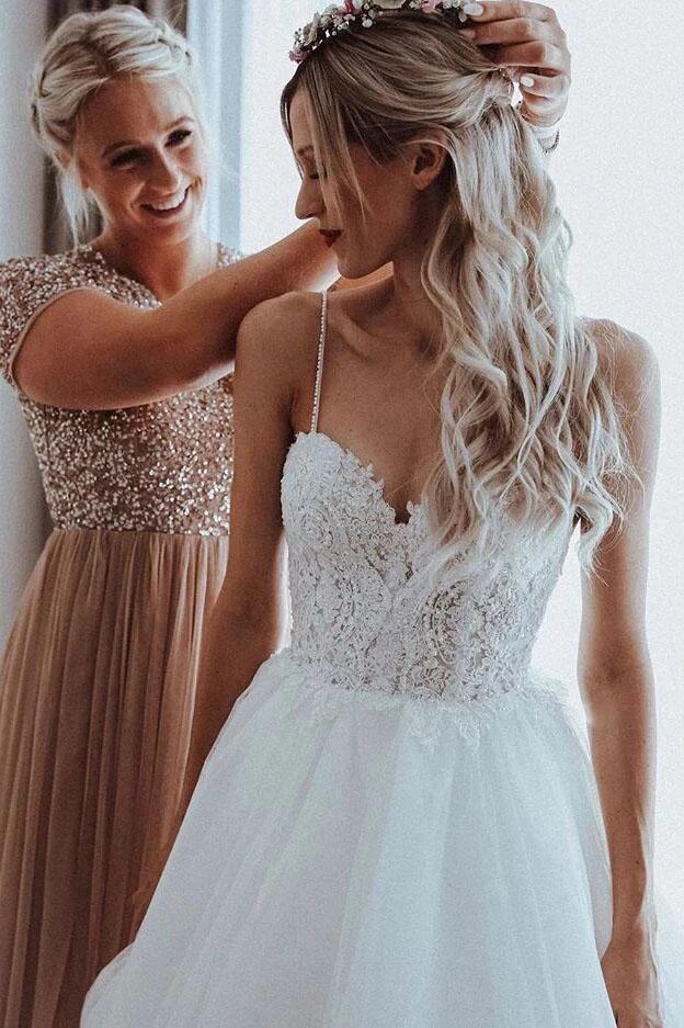 Tulle A Line Beach Bridal Gown, Spaghetti Straps Backless Wedding Dress