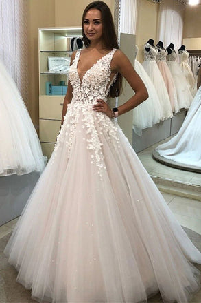 charming a-line v-neck appliqued ball gown tulle wedding dress dtw175